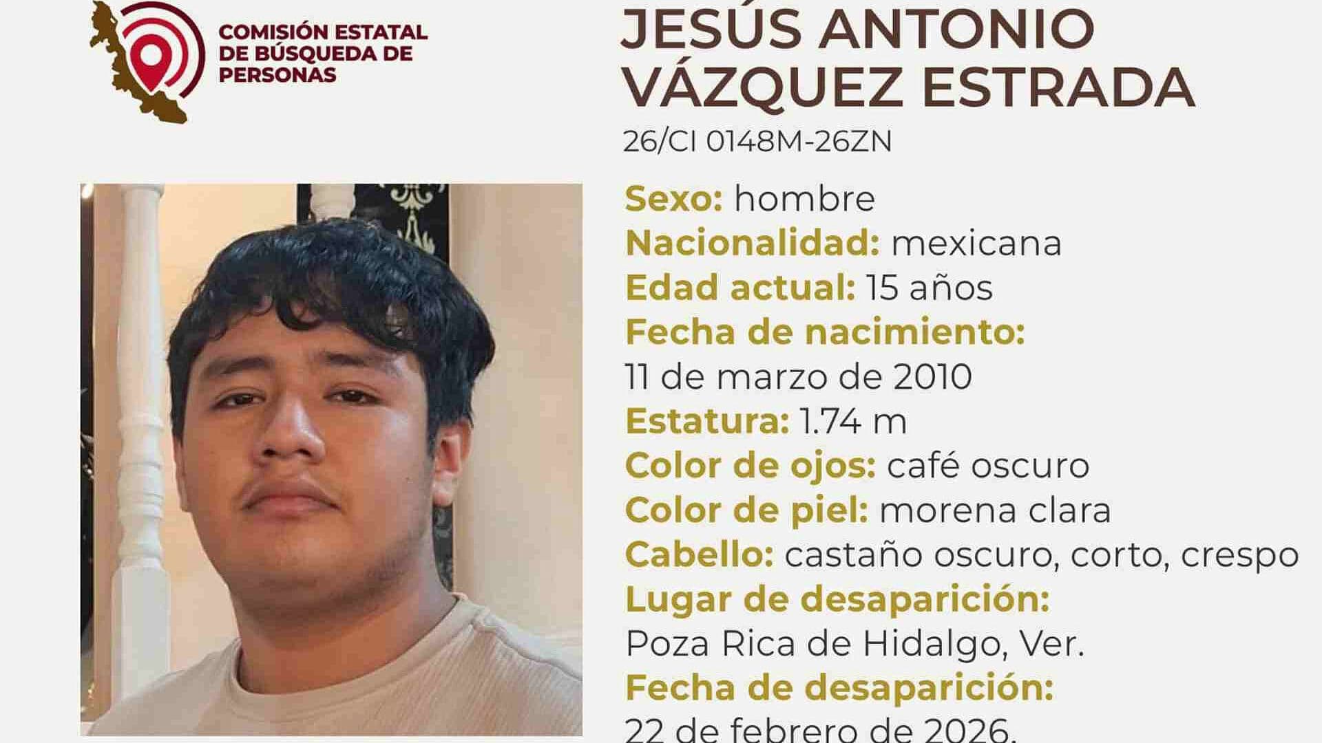 Piden Apoyo para Localizar a Jesús Estrada, Joven de 15 Años Desaparecido en Poza Rica, Veracruz