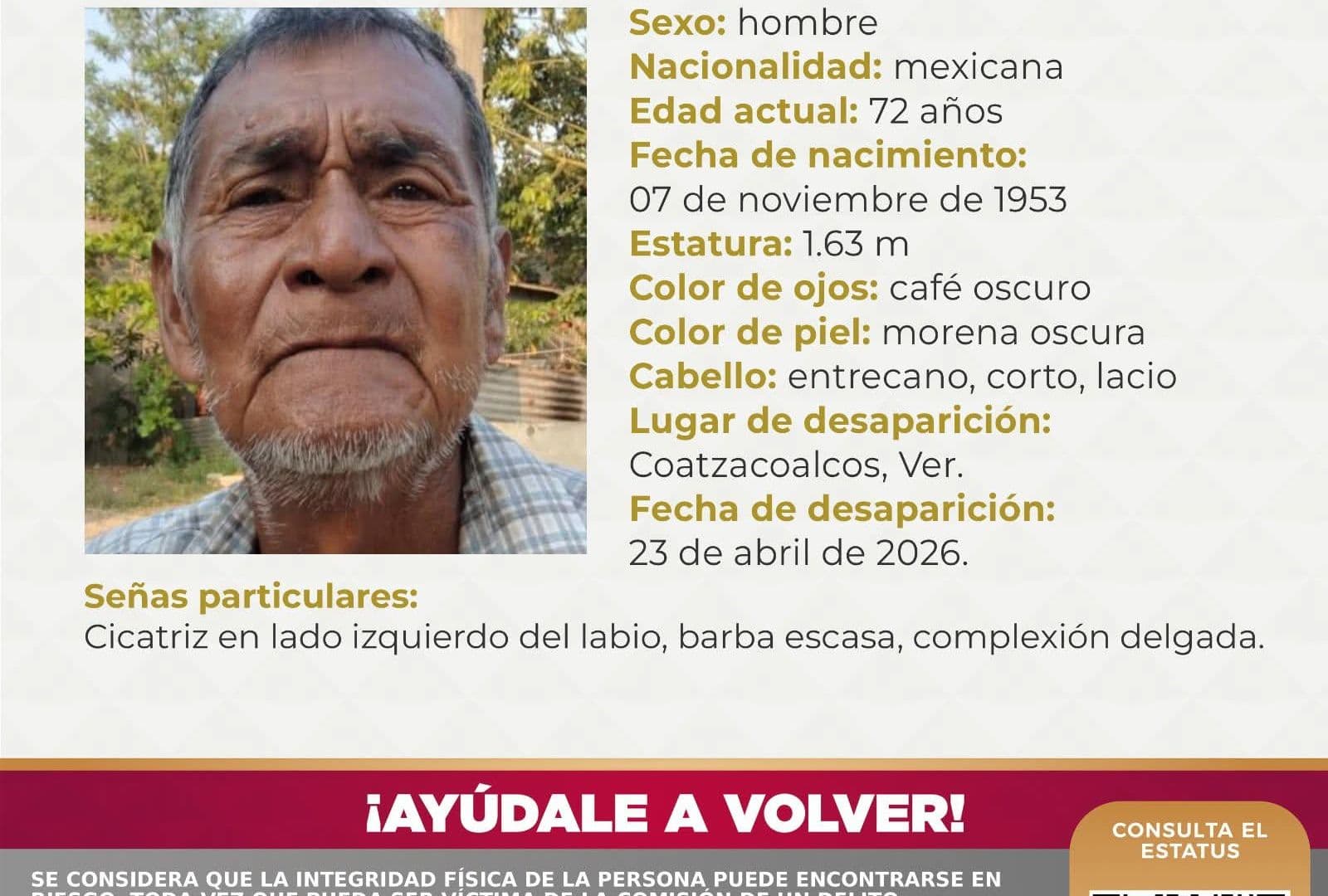 Adulto mayor reportado desaparecido