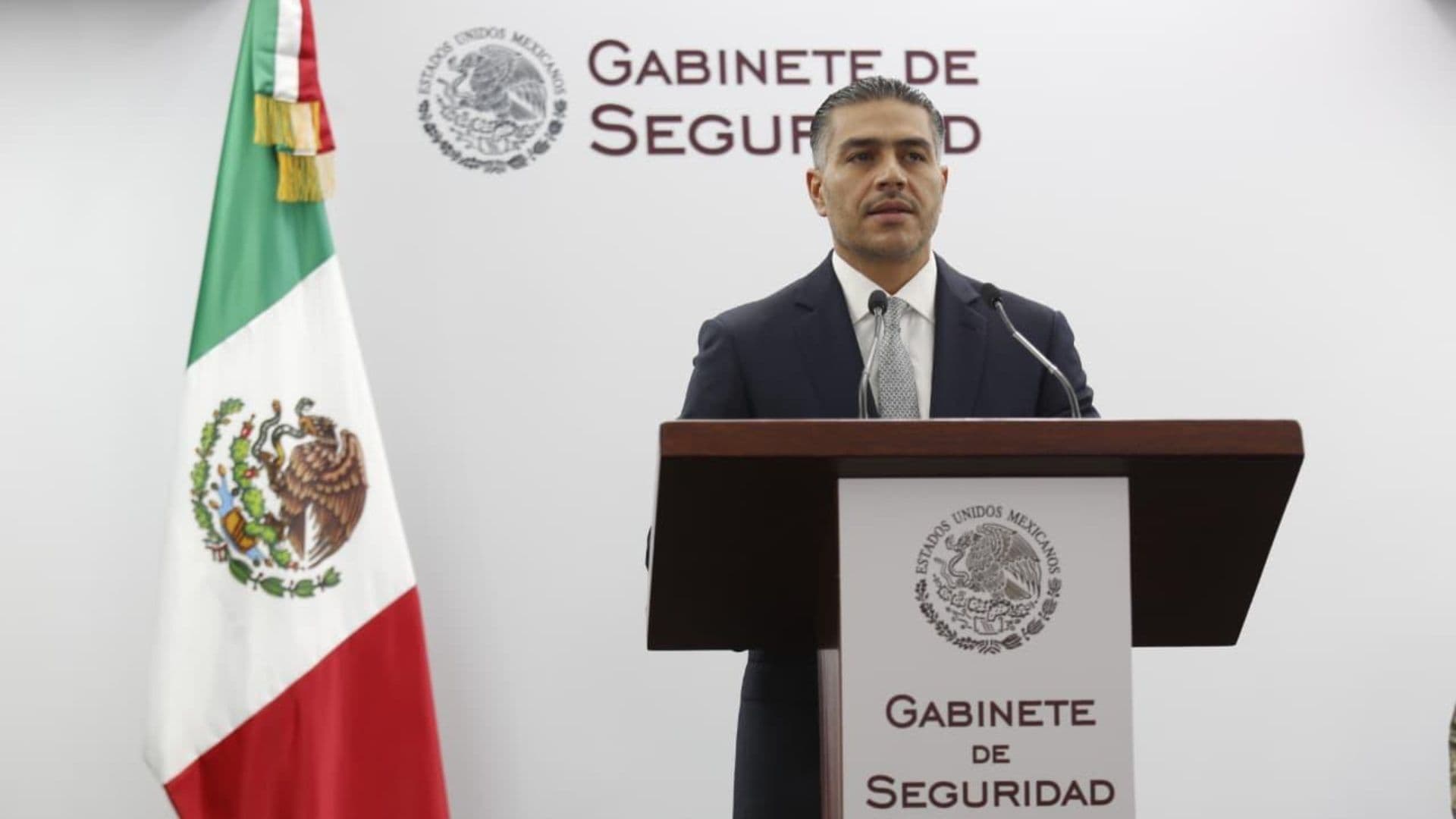 El secretario Omar García Harfuch durante conferencia de prensa hoy, 28 de abril de 2026.